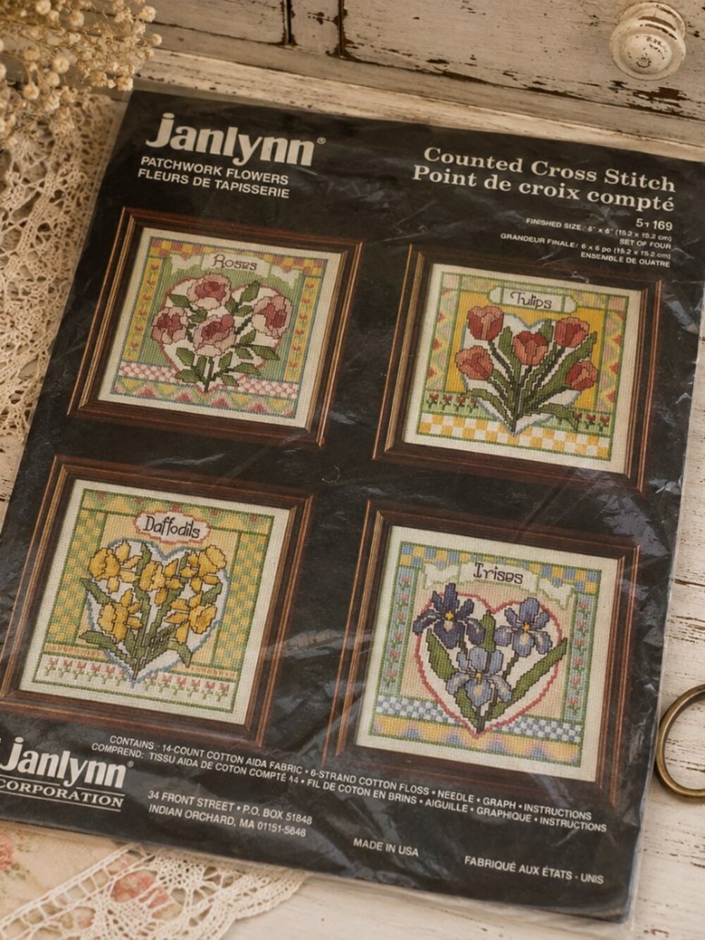 Vintage 1994 Janlynn Patchwork Flowers Counted Cross Stitch Kit Set of 4 NOS